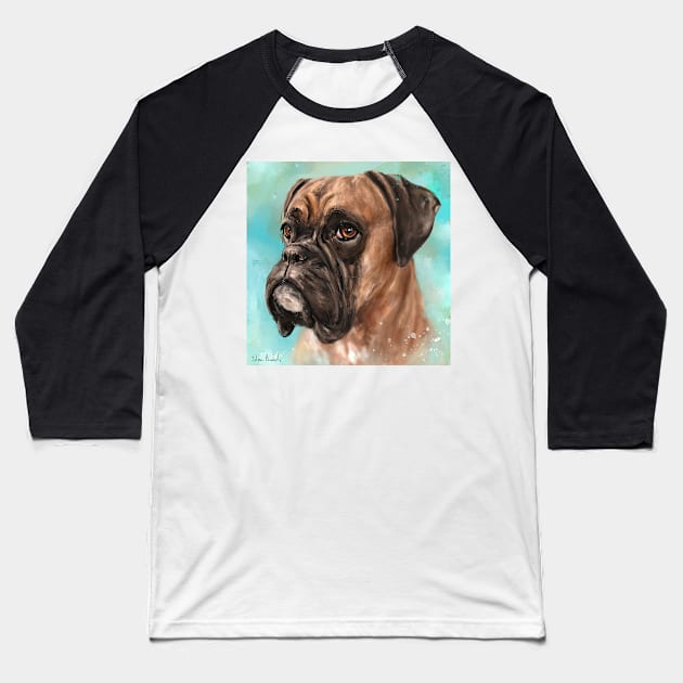 Painting of a Brown Coated Boxer Dog Looking Serious on Light Turquoise Background Baseball T-Shirt by ibadishi